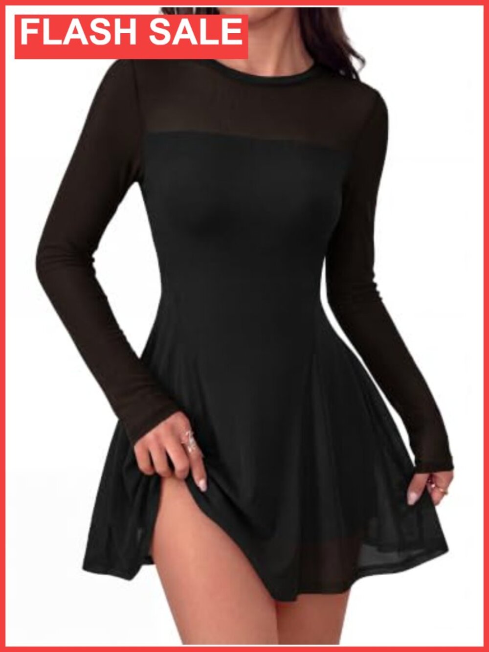 Sheer Mesh Long Sleeve Mini Dress Crew Neck A-Line Ruched